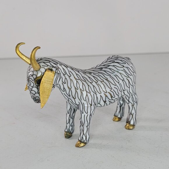 VIntage Cloisonne Enamel Copper Brass Standing Horned Goat Figurine White Gold - Picture 8 of 8